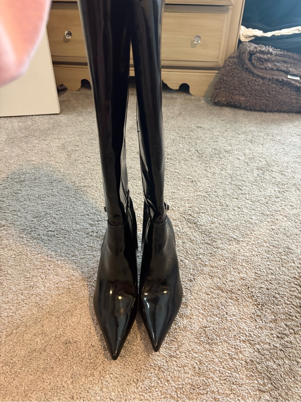 VICI Black Patent Pointed Toe Knee-High Women's Boots
